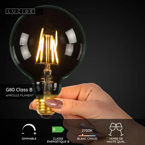 Lucide G80 Class B - Ampoule filament - Ø 8 cm - LED Dim. - E27 - 1x7W 2700K - Transparent - USP